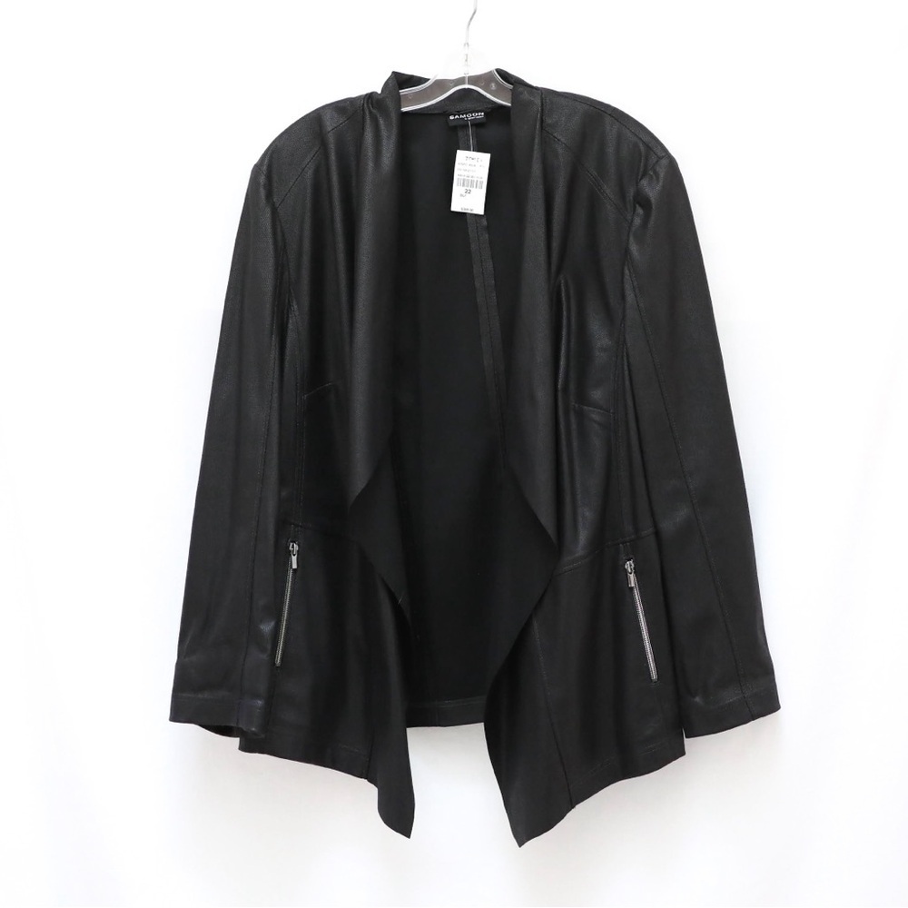 SAMOON Black Leather Jacket with Waterfall Front